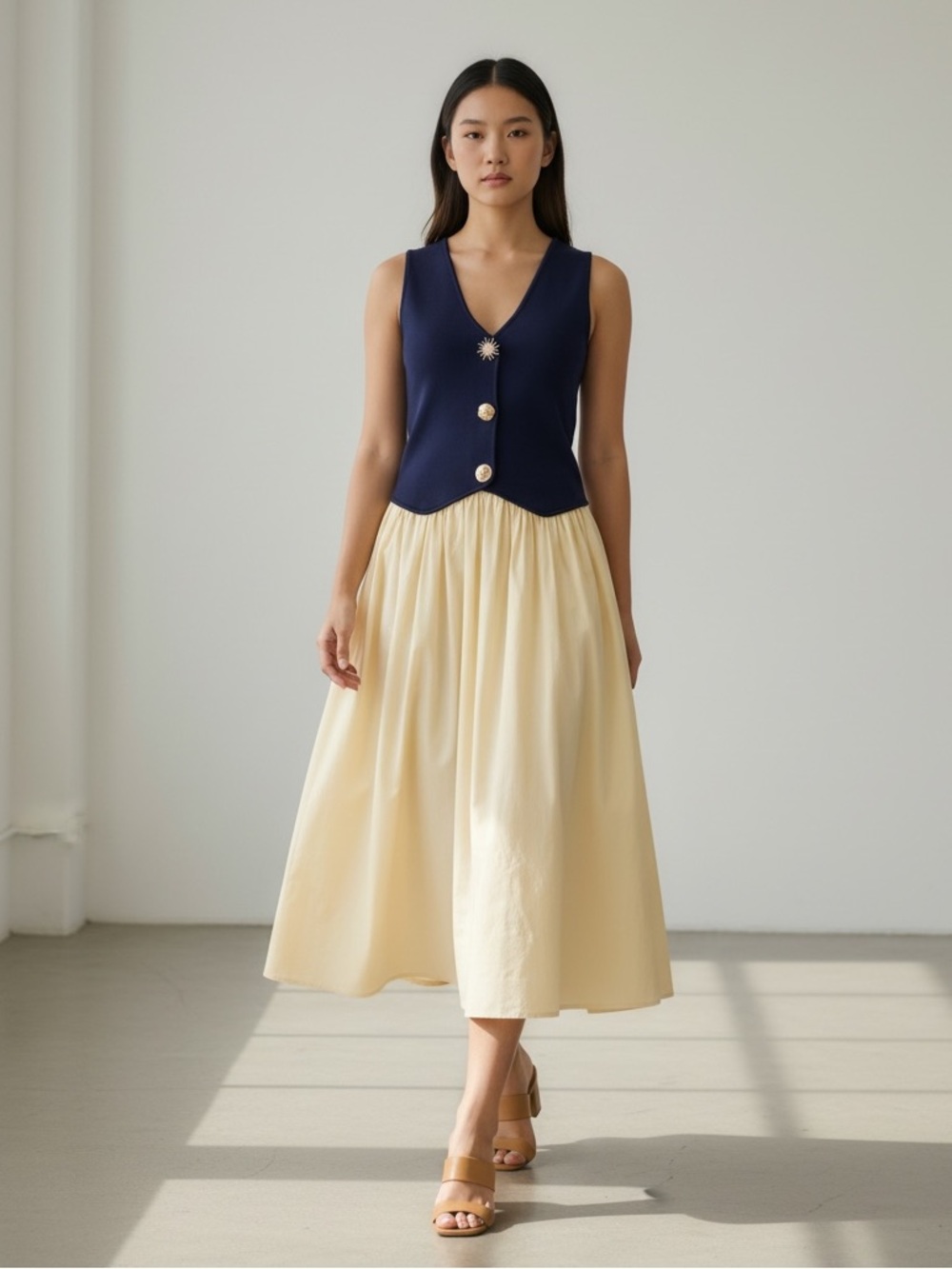 Navy and Cream Sleeveless V-Neck Midi Dress